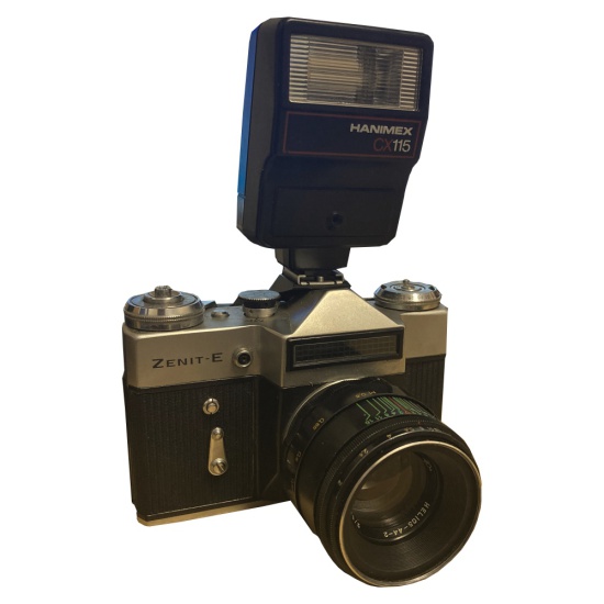 Zenit-E SLR Camera with Hanimex CX115 Flash