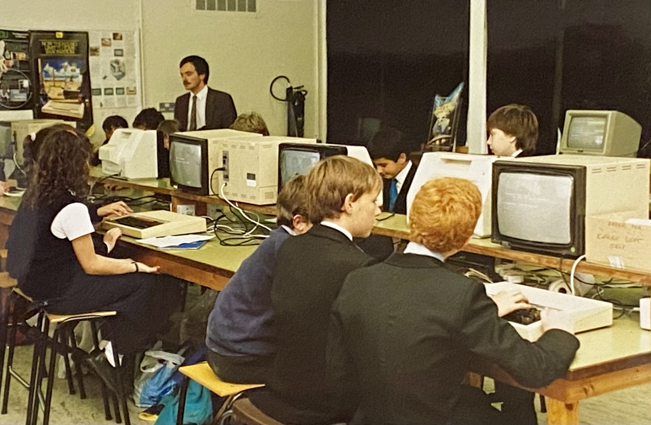 reference photograph of an 80s school computer classroom