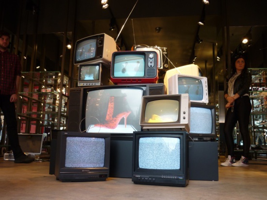 Image of Credits   Kurt Geiger - Vintage TV Stack Art Installation